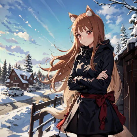 anime girl with long hair standing in front of a snowy street