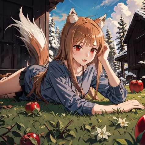 mj, [wolf girl | holo], apple, teeth, outdoor, sping, (snow:0.7), (grass:1.3), maximum details, <lora:holo_LoconV1:0.8>