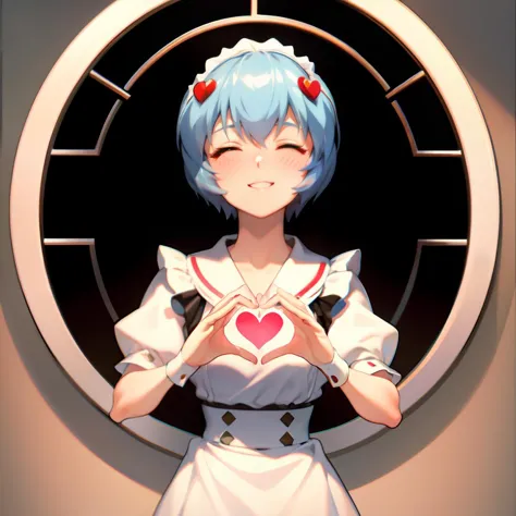 masterpiece, best quality,close eyes,smile,blush,traditional maid dress,heart hands,Rei Ayanami, <lora:reiAyanamiEvangelion_v6FullRelease:0.5>,