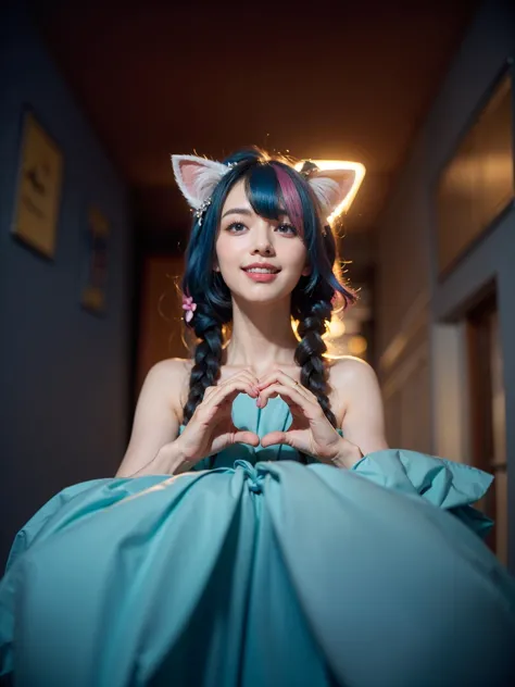 1girl, twintails, multicolored hair, hair ornament, hair over one eye, cat ears, blue eyes, blue hair, pink hair, ((smile)), bow, solo, looking at viewer, indoors, makeup, pleated skirt, long hair, bangs, pink nails, sitting, ,the most beautiful form of chaos, elegant, a naturalist environment, vivid colours, romanticism, atmospheric, (RAW photo, best quality), (realistic, photo-realistic:1.3), masterpiece, an extremely delicate and beautiful, extremely detailed, (heart hands), looking at viewer, outdoors