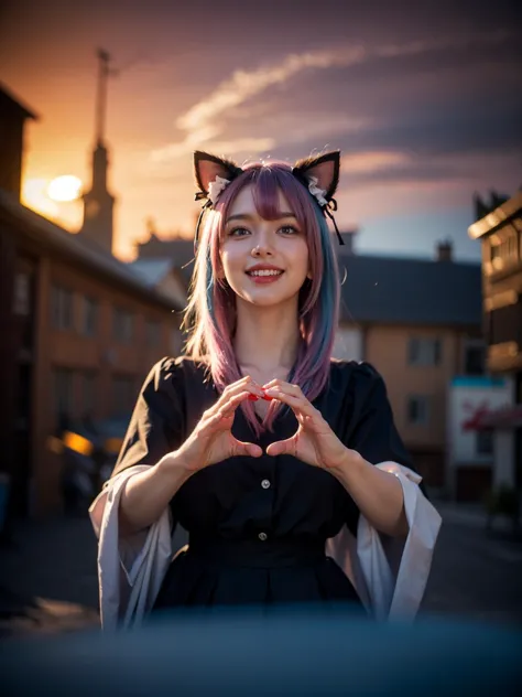 1girl, twintails, multicolored hair, hair ornament, hair over one eye, cat ears, blue eyes, blue hair, pink hair, ((smile)), bow...