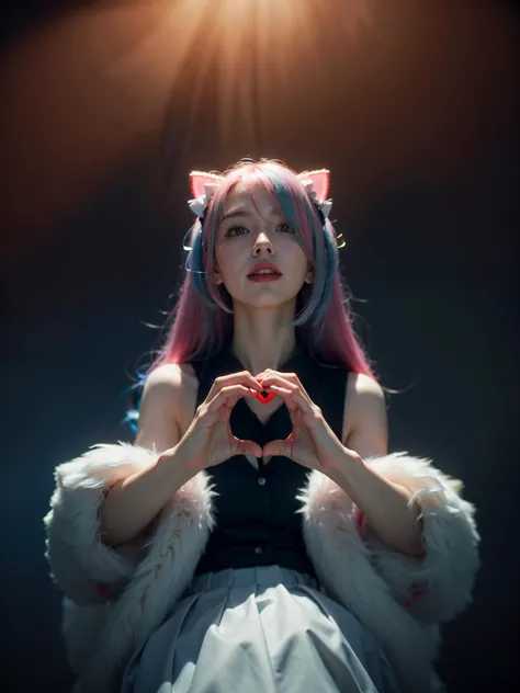 1girl, twintails, multicolored hair, hair ornament, hair over one eye, cat ears, blue eyes, blue hair, pink hair, smile, bow, solo, looking at viewer, indoors, makeup, pleated skirt, long hair, bangs, pink nails, sitting, ,the most beautiful form of chaos, elegant, a naturalist environment, vivid colours, romanticism, atmospheric, (RAW photo, best quality), (realistic, photo-realistic:1.3), masterpiece, an extremely delicate and beautiful, extremely detailed, (heart hands), looking at viewer, outdoors