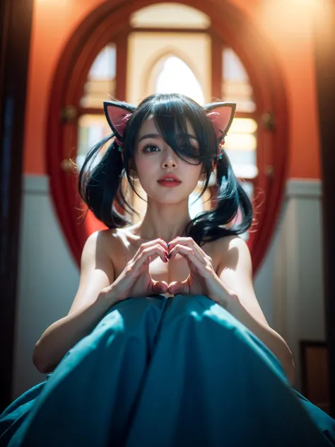 1girl, twintails, multicolored hair, hair ornament, hair over one eye, cat ears, blue eyes, blue hair, pink hair, smile, bow, solo, looking at viewer, indoors, makeup, pleated skirt, long hair, bangs, pink nails, sitting, ,the most beautiful form of chaos, elegant, a modern designed, vivid colours, romanticism, atmospheric, (RAW photo, best quality), (realistic, photo-realistic:1.3), masterpiece, an extremely delicate and beautiful, extremely detailed, (heart hands), looking at viewer, outdoors