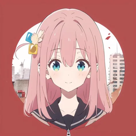 anime girl with pink hair and blue eyes in a circle