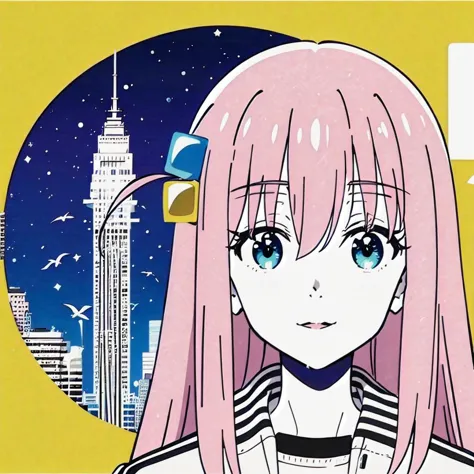 anime girl with pink hair and blue eyes in front of a city