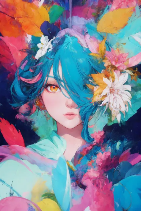 a painting of a woman with blue hair and flowers in her hair