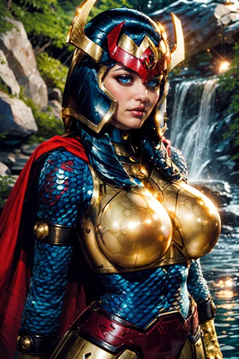 (ultra realistic,32k, masterpiece:1.2),(high detailed skin:1.1),( high quality:1.1),
<lora:CARTOON_DC_big_barda_ownwaifu:0.8>CARTOON_DC_big_barda_ownwaifu, (bored:1.1)solo, breasts, makeup, lipstick, lips, blue eyes, black hair, curvy, toned, cape, helmet, armor, red cape, gloves, superhero, bodysuit, fishnets, yellow gloves, fishnet bodysuit, shoulder armor, belt, breastplate, gold armor, horns,whispering falls, cascading water, enchanting echoes, hidden grottoes blurry background,(looking at viewer, portrait:1.1),, (huge breast,large breast:1.3),<lora:add_detail:0.87>,
(lighting:1.1),