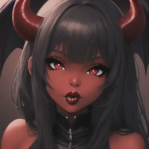 Ebony, perfect face, red lips, demon eyes, blowjob