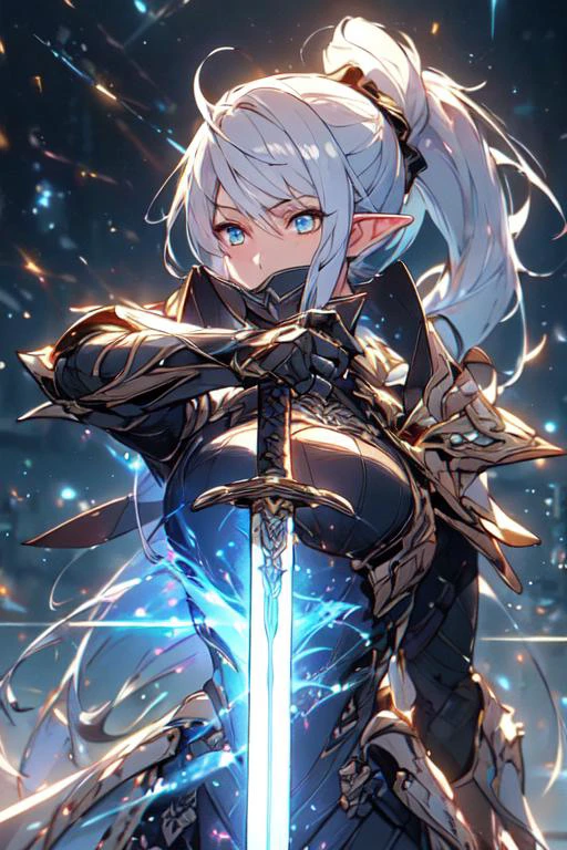 (best quality:1.2) (4k:1.) (very high resolution:1.1) , (realistic photograph:1.1) , (ultra detailed CG:1.1) ,
1girl elf , solo , (detailed face:1) , (small breasts:1) , (silver ponytail:1) ,
(hailoknight:1) , (holding sword:1) , armored metal mask , glowing luxurious sword , movement , spark , light particles , determined , sweat , perspective , from side , looking away , upper body , lay tracing , stone architecture , (rim lighting:1)
