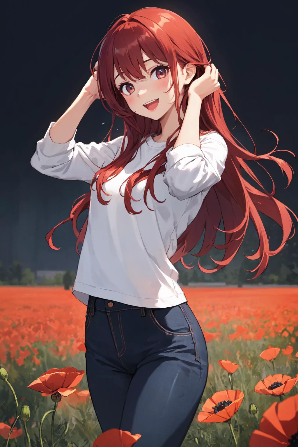 1 girl, best quality, amazing intricate, round eyes, happy, :d, medium breast,
red hair, long hair, , adjusting hair,
Long Shot, cowboy shot, hands folded,
vibrant color scheme stole, prismatic pants,
in a poppy meadow