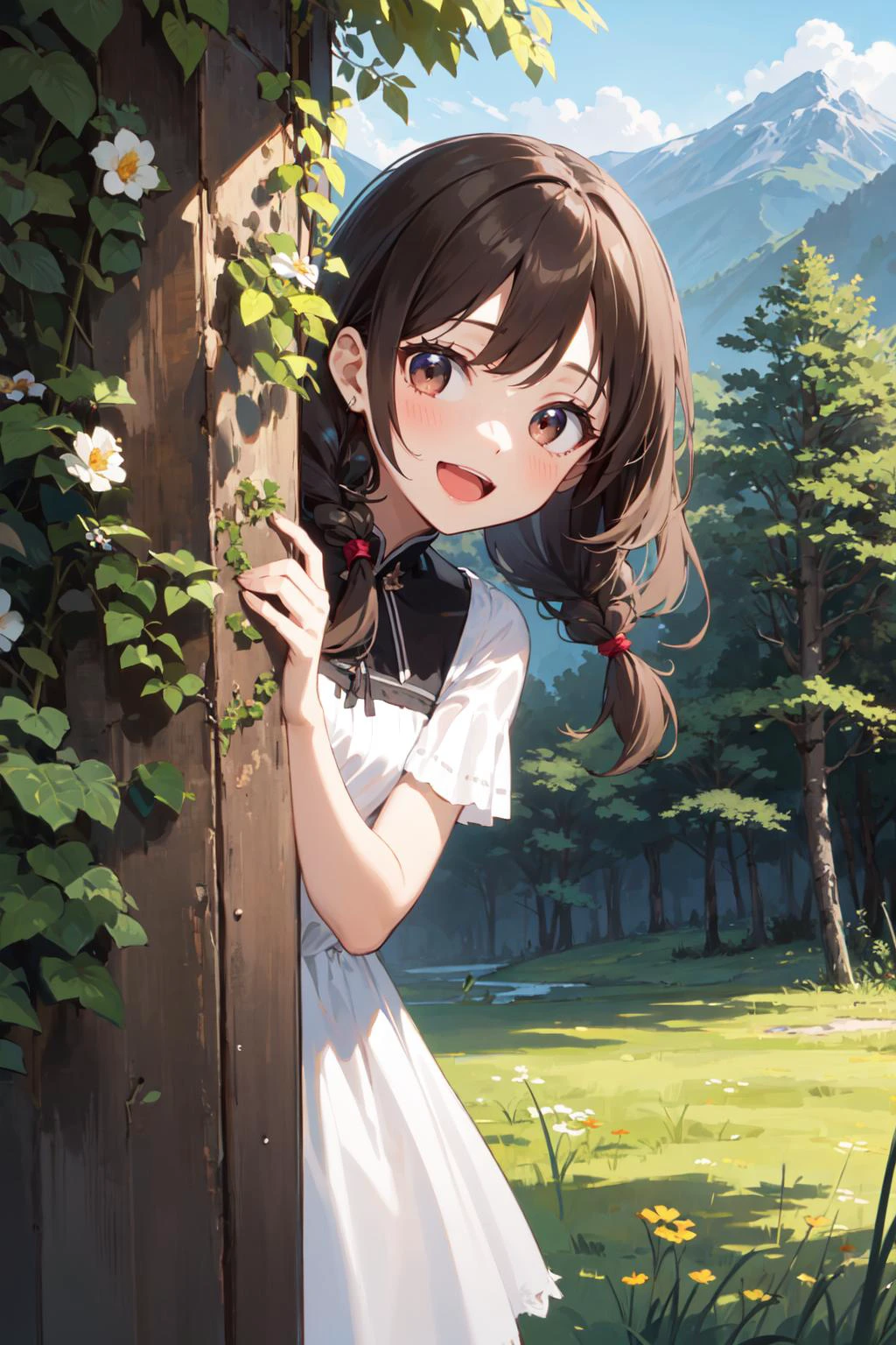 1 girl, best quality, ultra detailed, (minor:1.2),
dark brown hair, twin braids, dark brown eyes, round eyes, :d, small breasts,
peeking out upper body,
white dress,
in the forest, grass, flower, mountain in the distance, sky 
