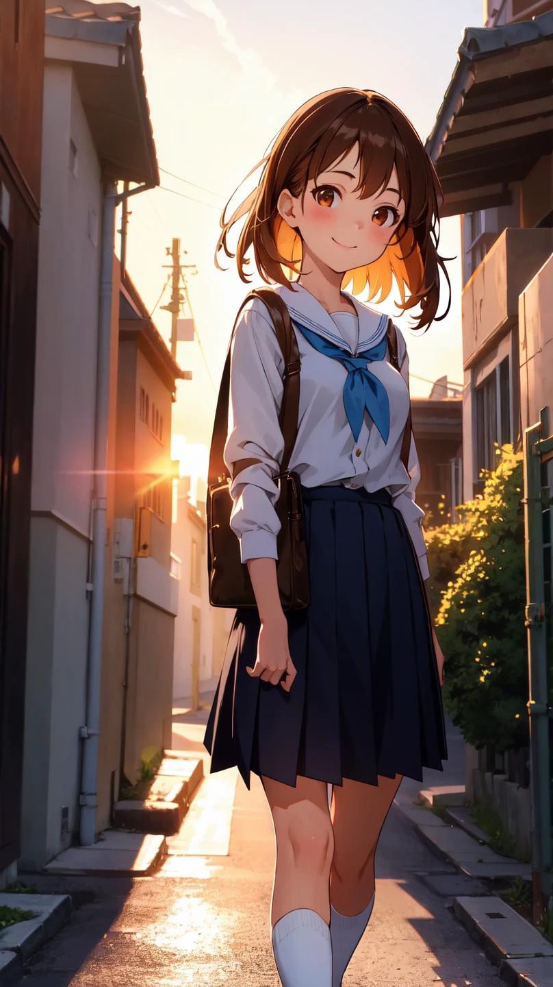 (ultra detailed,ultra high res,detailed background),alley,1girl,white ,sideways,brown hair,hair over shoulder,solo focus,walking,shoulder bag,sunset,dusk,sunlight,light smile,looking at viewer,chiaroscuro,