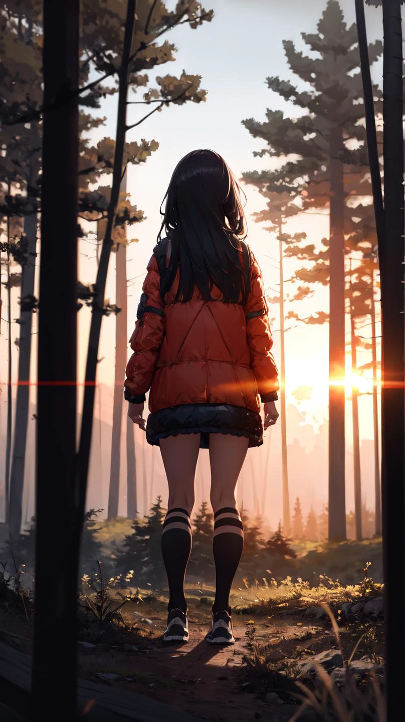 ((ultra detailed,ultra high res,detailed background)),sunrise,forest,impressive,chill,inspirational,1girl,facing away