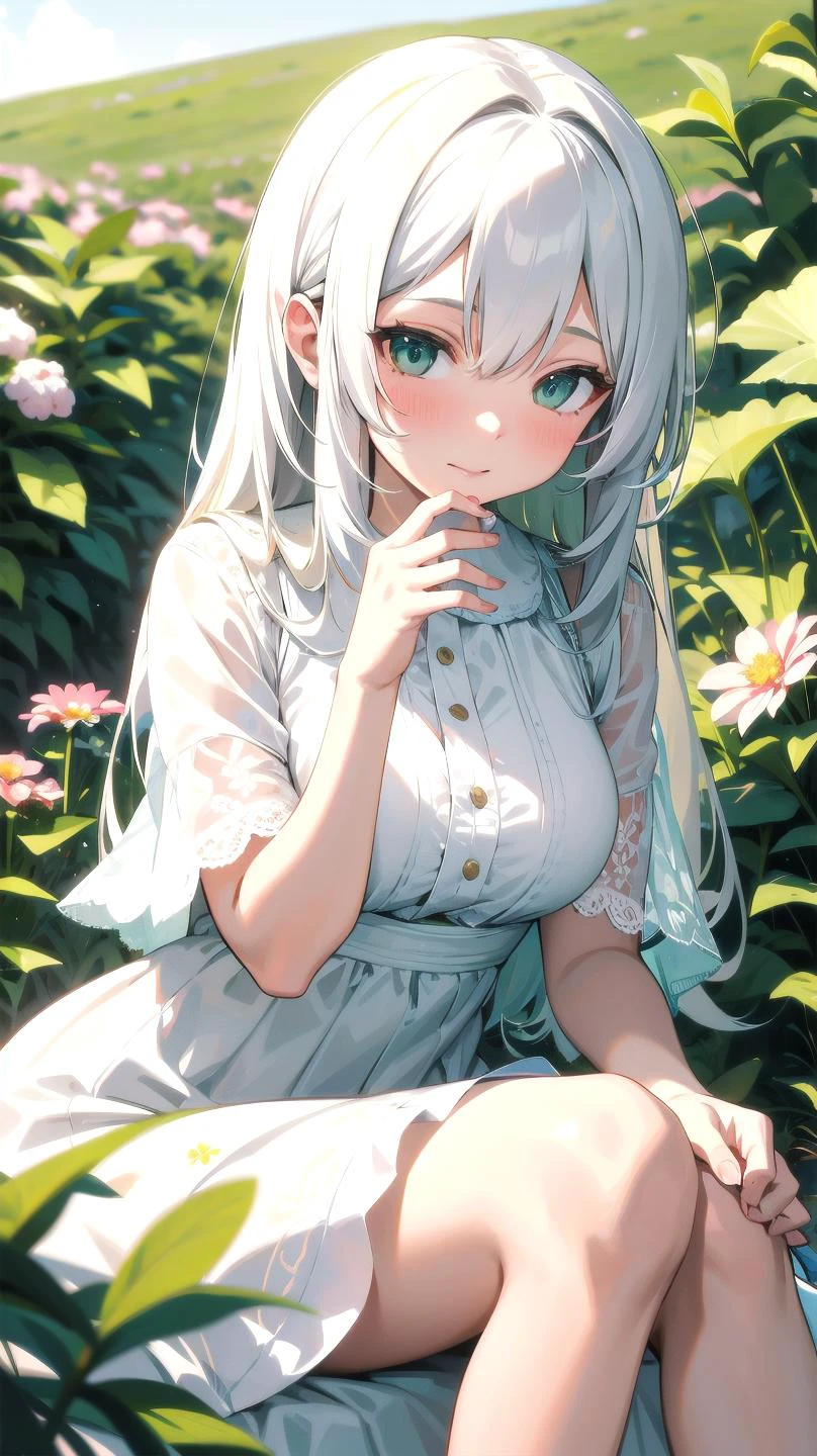 ((مفصلة للغاية,دقة عالية جدًا,خلفية مفصلة)),1فتاة ذات شعر أبيض طويل تجلس في حقل من النباتات والزهور الخضراء, يدها تحت ذقنها, الإضاءة الدافئة, فستان أبيض, المقدمة ضبابية