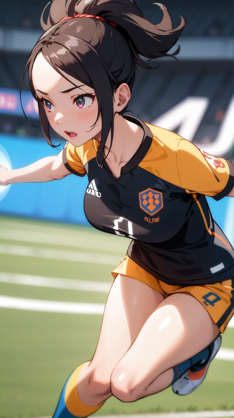 ((ultra detailed,ultra high res,detailed background)), 1girl, ray tracing, slow motion, motion graphics, playing the soccer match, dutch angle