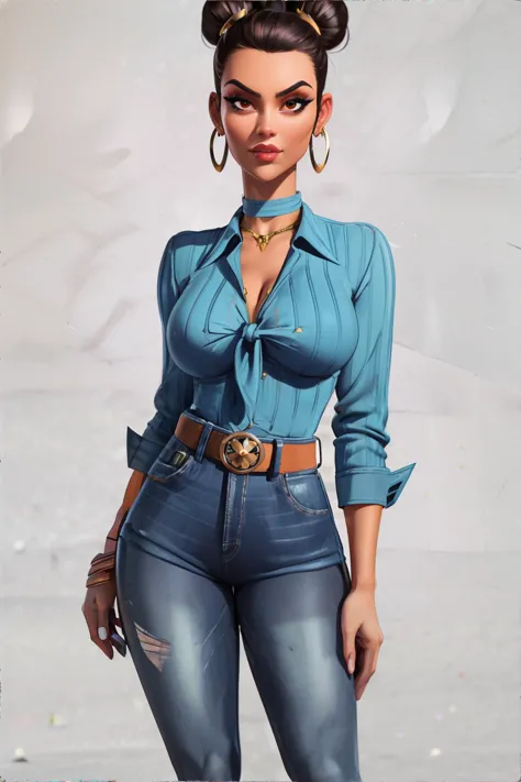 <lora:more_details:0.6>, 70s style, retro, woman wearing tie-neck blouse, high-waisted flared jeans, wedge sandals, statement be...