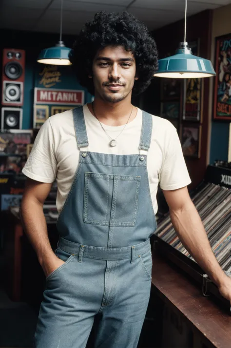 vintage 70s candid photo of a man, jock type, green perms, wearing denim shirt, denim overalls, work boots, (record player shop, a specialty store offering a selection of turntables and stereo equipment), soft lighting, high quality, film grain, Fujifilm XT3 <lora:add_detail:0.8> <lora:LowRA:0.8>