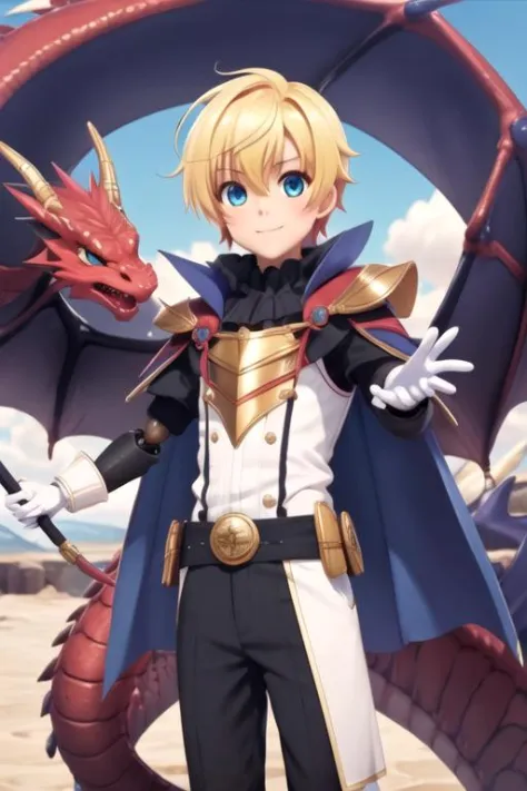 masterpiece, best quality, movie still, 1boy, solo, male focus, looking at viewer, , , , , prince_akatsuki_choujin_koukousei-tachi, blonde hair, blue eyes, robot costume, The Dragon's Lair: A deadly place where fearsome dragons dwell, 8k resolution