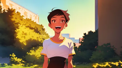 <lora:LoisLane:1>,masterpiece,best quality,mawsLoisLane,1girl,solo,black hair,short hair,brown hair,upper body,smile,shirt,white shirt,looking at viewer,outdoors,arms behind back,tanned,open mouth,black leggings,earrings,sunlight,embellishment,