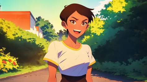 <lora:LoisLane:1>,masterpiece,best quality,mawsLoisLane,1girl,solo,black hair,short hair,brown hair,upper body,smile,shirt,white shirt,looking at viewer,outdoors,arms behind back,tanned,open mouth,black leggings,earrings,sunlight,embellishment,