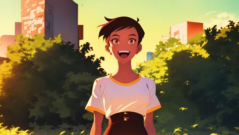 <lora:LoisLane:1>,masterpiece,best quality,mawsLoisLane,1girl,solo,black hair,short hair,brown hair,upper body,smile,shirt,white shirt,looking at viewer,outdoors,arms behind back,tanned,open mouth,black leggings,earrings,sunlight,embellishment,