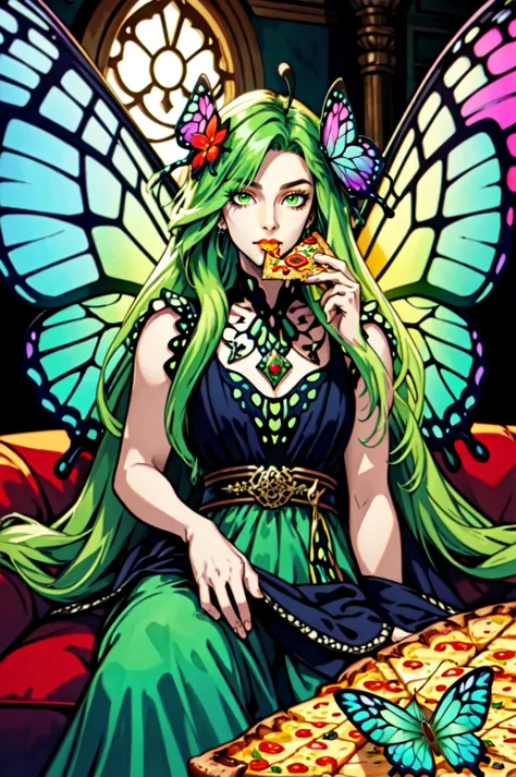 a woman with green hair sitting on a couch eating pizza