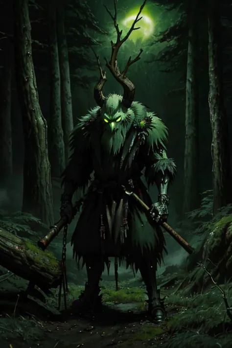 Ominous green glow, Super high definition, heavy metal krampus with green glowing eyes, carrying a satchel of gnarled birch bran...