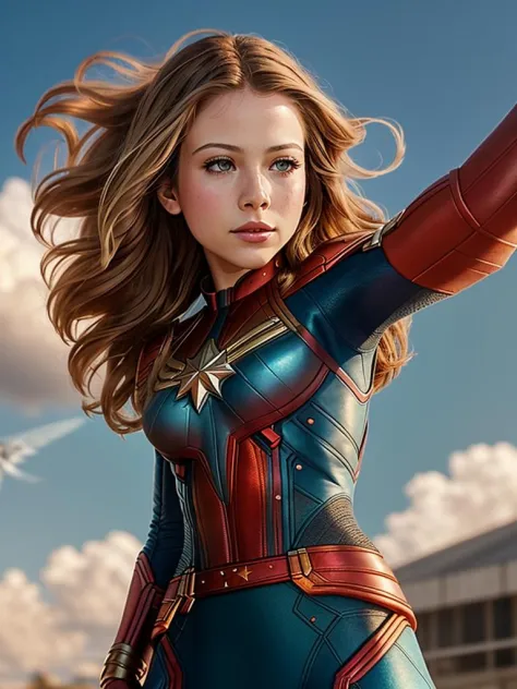 ((Realismus)), extremely gute Qualität RAW photograph, detaillierter Hintergrund, kompliziert, Exquisite Details und Texturen, sehr detailliert, (((Ganzkörperfoto))) of Michelle Trachtenberg is Captain Marvel, (((fliegend:1.2))), ((Haare wehen im Wind)), (((von der Kamera wegschauen))), ultradetailliertes Foto, warmes Licht, artstation, 4k, scharfer Fokus, Hohe Auflösung, detaillierte Haut, Detaillierte Augen, 8k uhd, dslr, schwache grelle Beleuchtung, gute Qualität, Filmkorn, Fujifilm XT3,