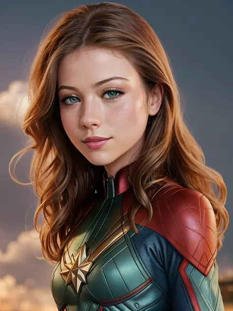 ((realism)), extremely high quality RAW photograph, detailed background, intricate, Exquisite details and textures, highly detailed, (((full body photo))) of Michelle Trachtenberg is Captain Marvel, (((flying:1.2))), ((hair blowing in wind)), (((looking away from camera))), ultra detailed photograph, warm lighting, artstation, 4k, sharp focus, high resolution, detailed skin, detailed eyes, 8k uhd, dslr, low harsh lighting, high quality, film grain, Fujifilm XT3,