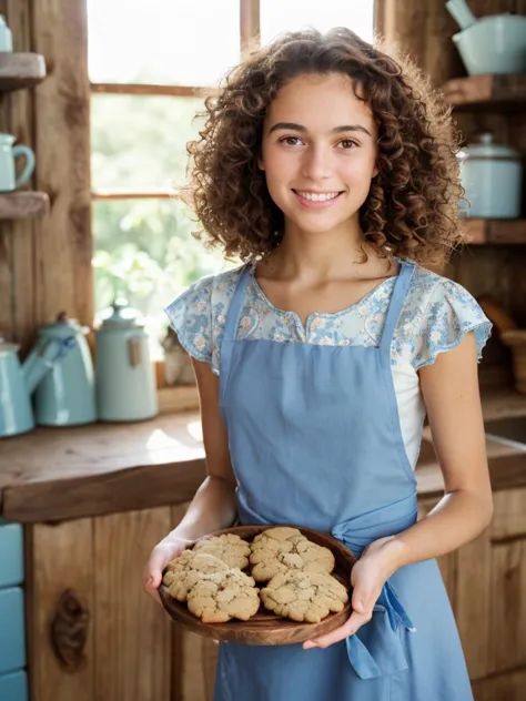 epiCPhoto, perfect photo, photorealistic, sharp focus, soft light, intricated details, highly detailed, 16k, shallow dof, raw photo, masterpiece, (brazilian 20 yo woman:1.2), (curly brown hair:1.3), (wearing a floral apron:1.2), (light blue dress:1.2), (natural skin), cute, (petite body:1.3), (standing in a rustic kitchen:1.3), (wooden shelves:1.2), (ceramic pots and pans:1.3), (sunlight through the window:1.2), (baking cookies:1.3), (flour on hands and apron:1.2), (happy expression:1.2), (natural makeup:1.2), (detailed face:1.2), (freshly baked cookies on the counter:1.2)