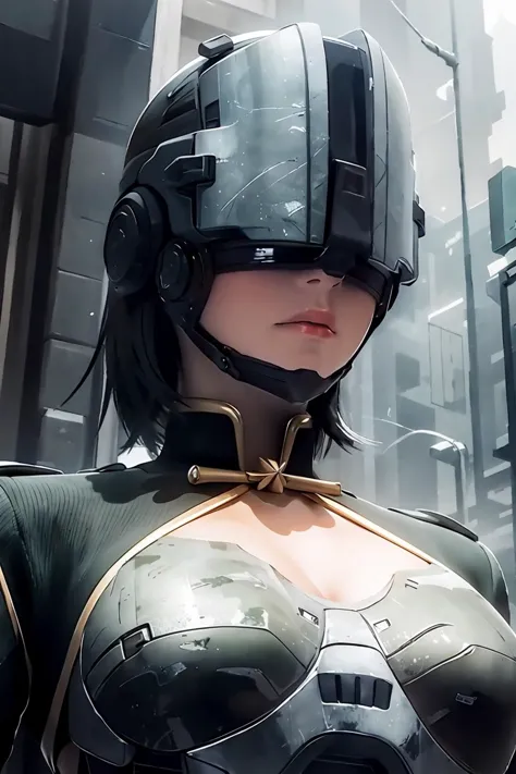 a close up of a woman in a futuristic suit with a helmet on