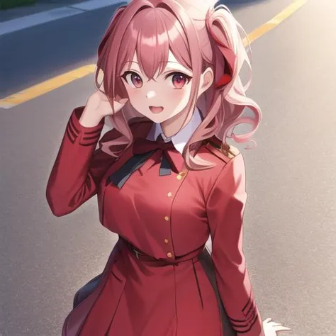 anime girl in red dress standing on the side of the road