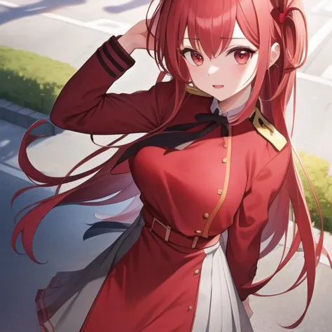 anime girl with long red hair and a red dress