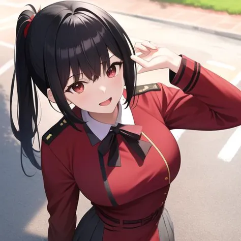 masterpiece, best quality, 1girl, black hair with ponytail, lycoris_uniform, in street, <lora:qqq-lr2-v1-000016:1>