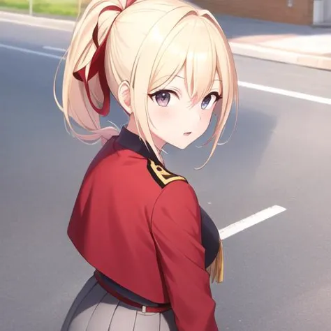 anime girl in uniform standing on street with buildings in background