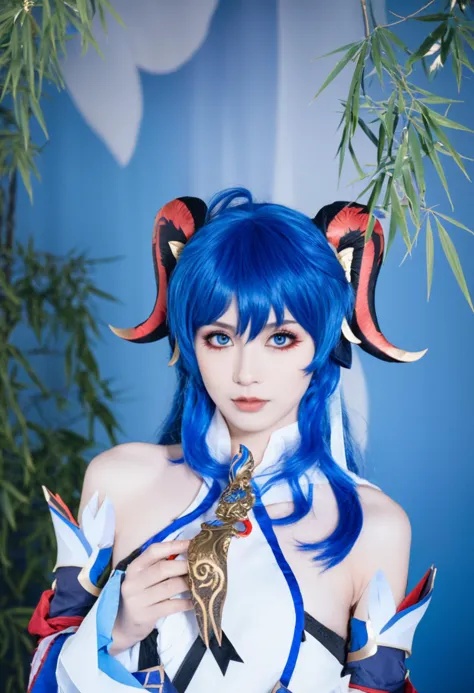 a close up of a woman with blue hair and horns