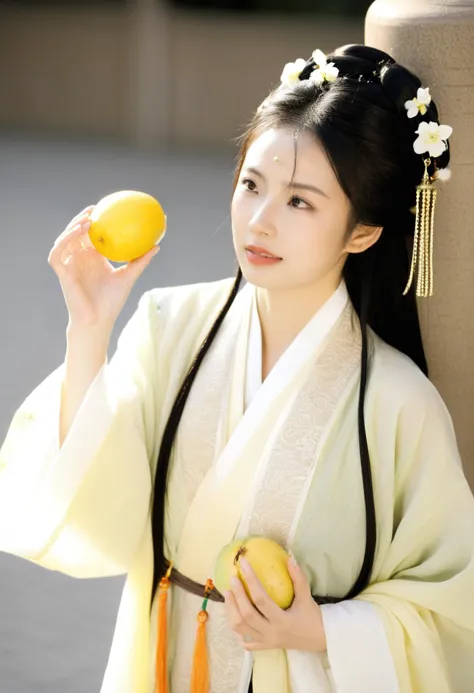 arafed woman in a white dress holding a mango and a yellow apple