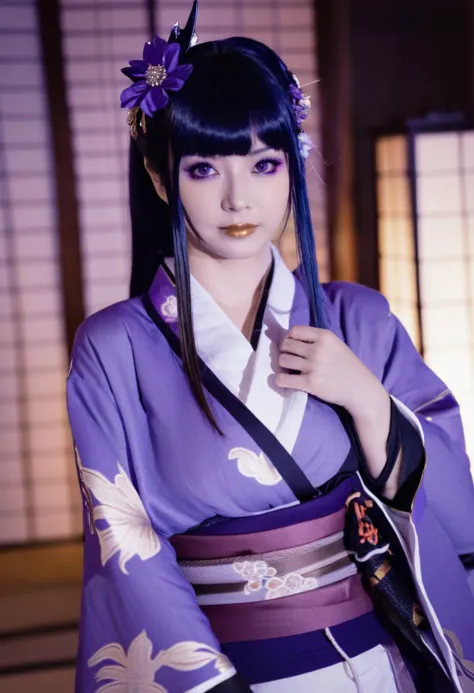 a close up of a woman in a purple kimono