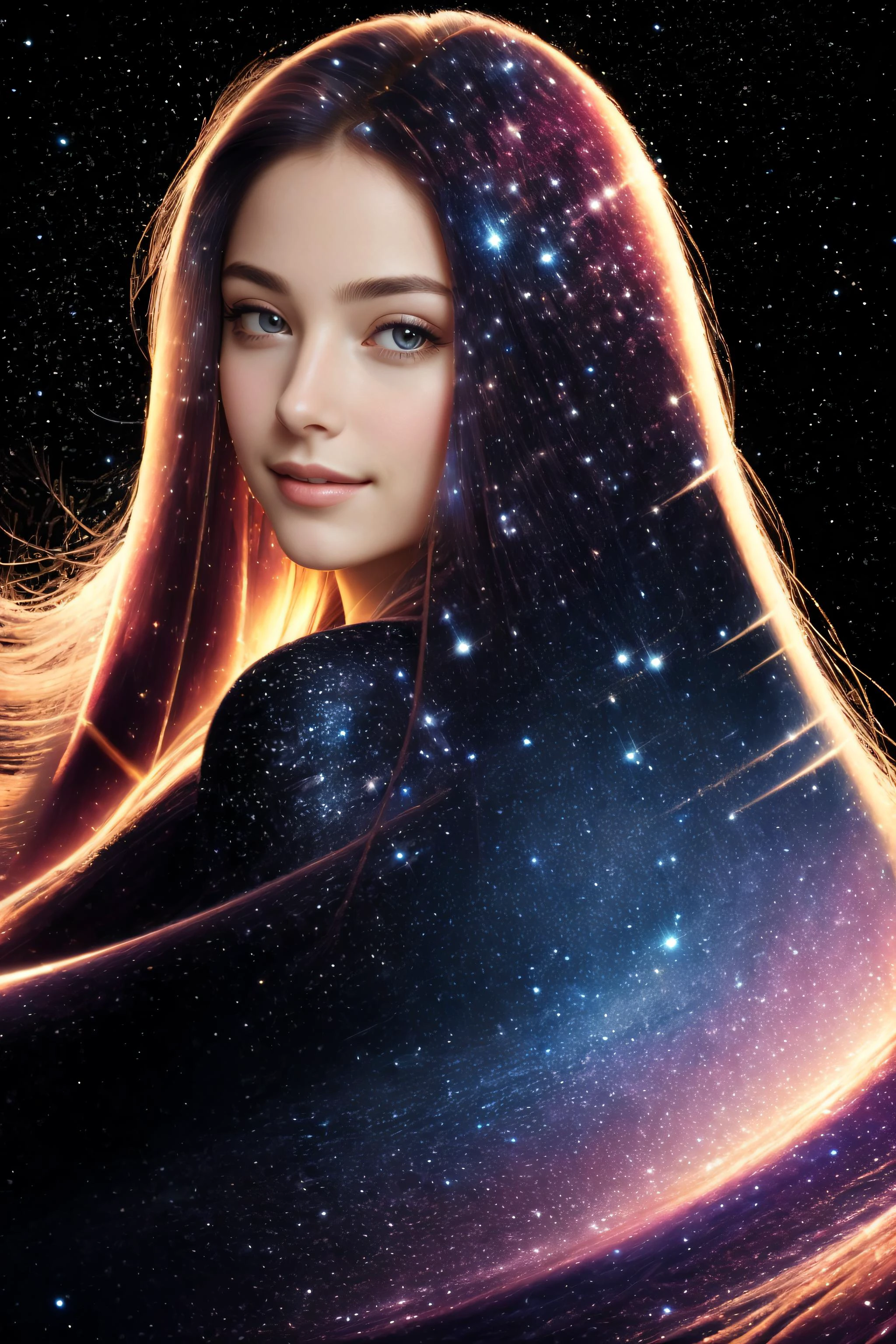 ((best quality)), ((masterpiece)), (detailed),4k, portrait, beautiful woman, long hair, flowing hair,  small smile,galaxy, black background,  