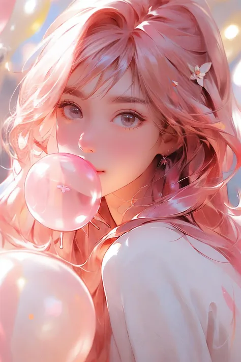 bubble_blowing, chewing_gum, 1girl, solo, balloon, long_hair, bangs, looking_at_viewer, eyelashes, extremely detailed CG unity 8k wallpaper,masterpiece, best quality, ultra-detailed, beautiful detailed eyes:1.2,best illumination, (best shadow, an extremely...