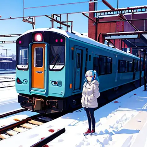 Meisterwerk, beste Qualität, 8K Hintergrundbild, hatsune miku, Oberkörper, Allein, 1 Mädchen, eki-Plattform, keine Menschen, Landschaft, draußen, Eisenbahnschienen, Wolke, Himmel, Mond, Schnee,