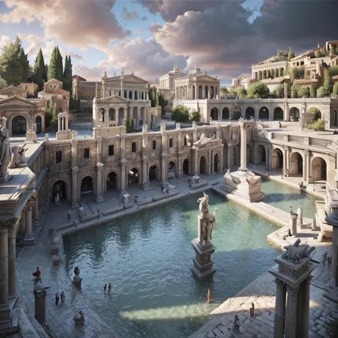 (Meisterwerk:1.2), (beste Qualität,:1.2), 8k, HDR, Extrem detailliert, ((fotorealistisch)), professionelles Licht, filmische Beleuchtung, Modefotografie, Umgebungsbeleuchtung, Gesichtsbeleuchtung, Fantasiebild, ein Platz in einer antiken römischen Stadt mit einem Brunnen, RomAr, epischFoto