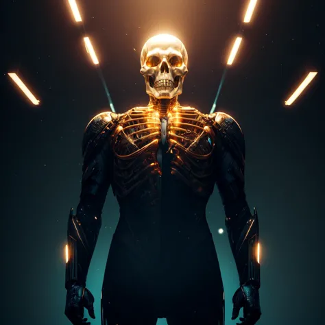 a skeleton in a black suit with glowing lights around it