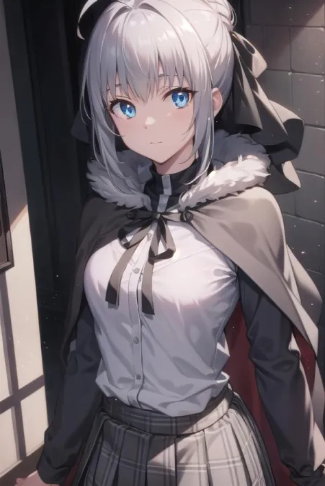 fgogray, <lora:gray-lora-nochekaiser:1>,
gray, blue eyes, short hair, grey hair, ahoge, 
BREAK hair bun, hair ribbon, ribbon, black cape, black footwear, black ribbon, black shirt, black thighhighs, cape, grey skirt, hood, long sleeves, miniskirt, plaid, plaid skirt, pleated skirt, ribbon, shirt, skirt, solo, thighhighs, zettai ryouiki,
BREAK looking at viewer,
BREAK indoors,
BREAK <lyco:GoodHands-beta2:1>, (masterpiece:1.2), best quality, high resolution, unity 8k wallpaper, (illustration:0.8), (beautiful detailed eyes:1.6), extremely detailed face, perfect lighting, extremely detailed CG, (perfect hands, perfect anatomy),