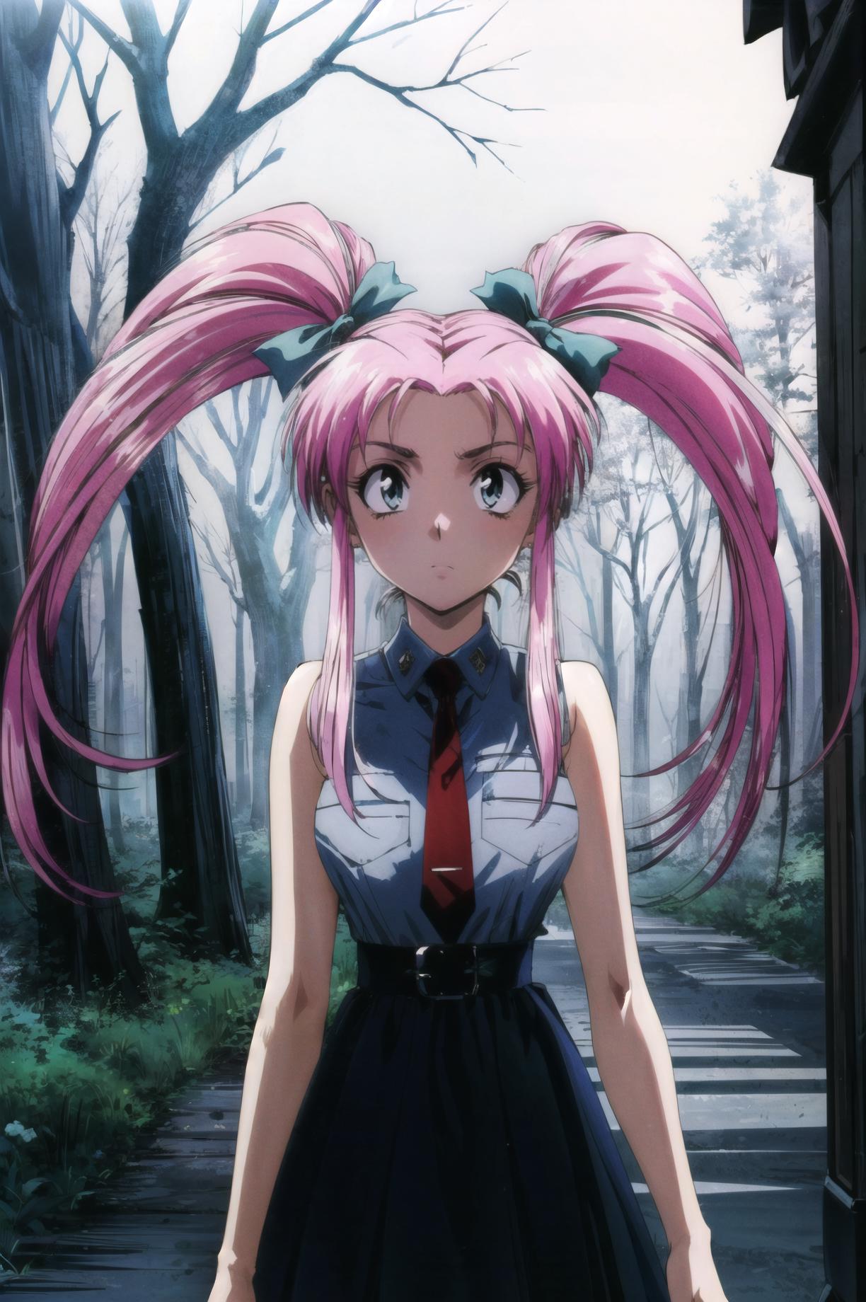 Anime girl with pink hair and a tie standing in a forest - SeaArt AI