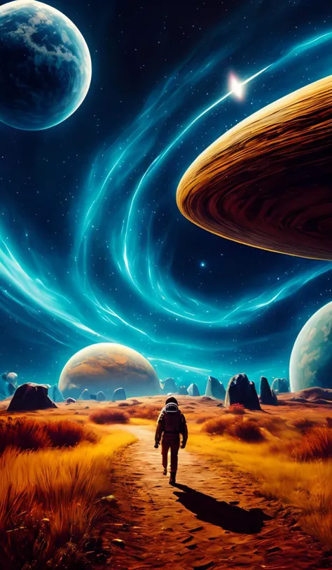 a man walking through a desert with planets in the background