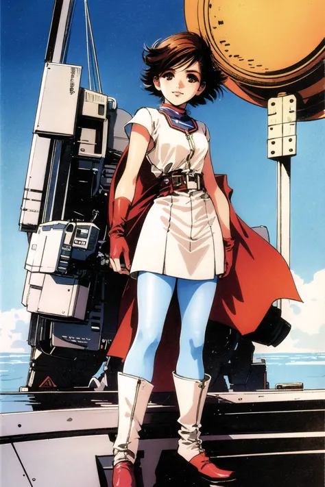 a woman in a white dress and red cape standing on a platform