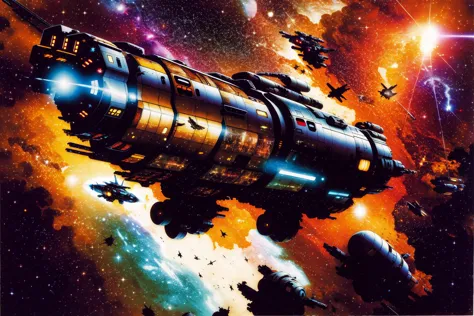 masterpiece, grimdark, retro sci-fi scenery, lens flare, nebula, stars, (in space, space), dark, ((panoramic,)) (derelict starship ((floating in space)) surrounded by metal debris), lifeless space hulk, dead spaceship, sci-fi, uhd, extremely detailed, 8k, intricate details, by Chris Foss, by John Berkey, by Jim Burns, no humans, <lora:Haruhiko Mikimoto_v30:0.7>