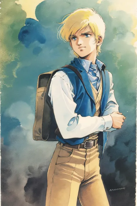 a painting of a man with a backpack standing in front of a cloudy sky