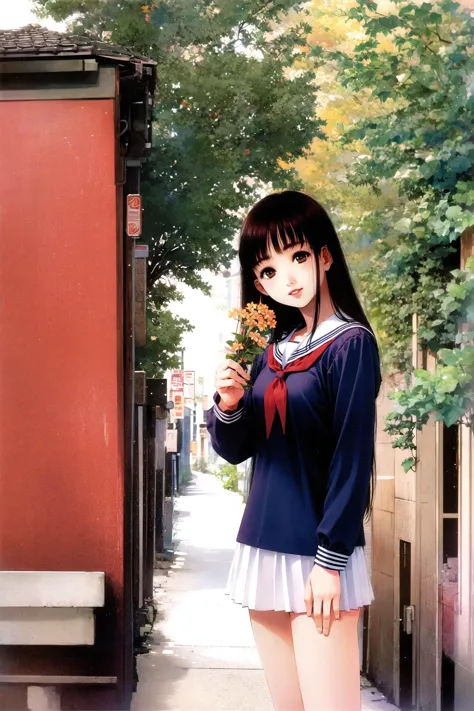 anime girl in a short skirt holding a flower in her hand